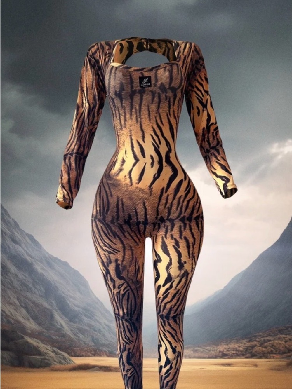 Tiger Print Long-Sleeve Jumpsuit - Brown